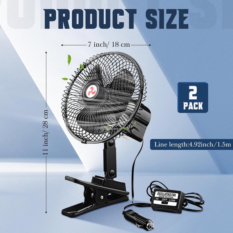 Tujoe 7" Portable Car Fan with Cigarette Lighter Electric Cooling - 12 Volt Oscillating Automobile Fan, 360 Degree Swivel with Clip for Truck Camping Supplies, Black (2 Pcs) - Image 2